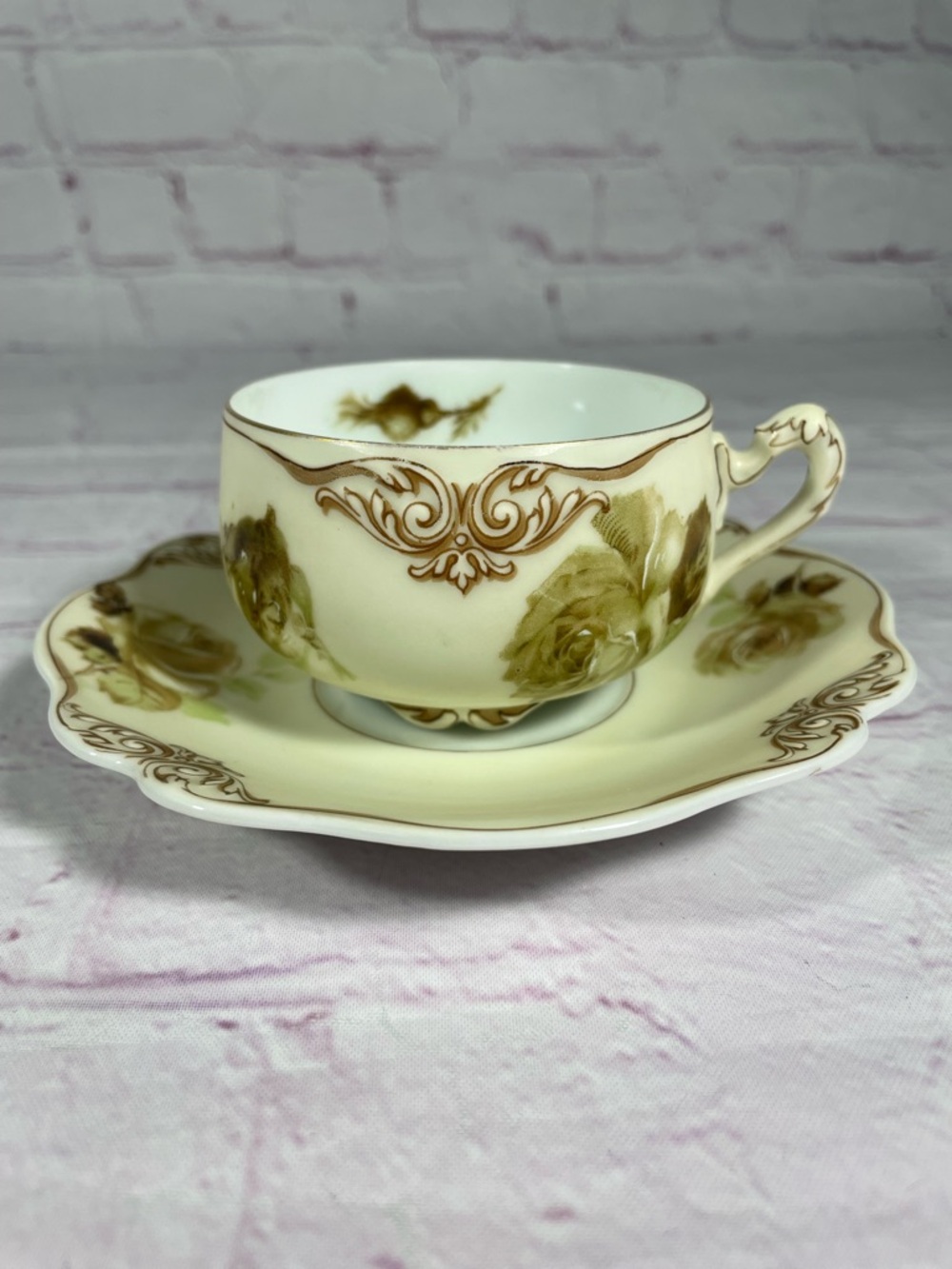 Vintage Hermann Ohme Silesia Old Ivory Floral Matte Teacup and Saucer Set